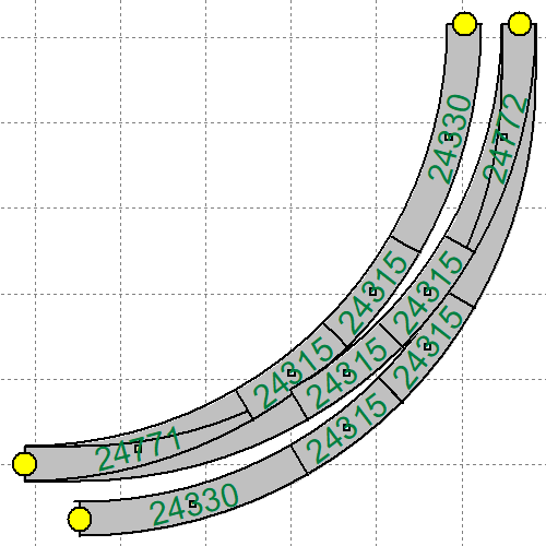 De standaard geometrie van twee slanke meegebogen C-rail wissels in een bocht.png