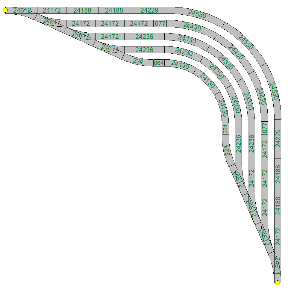 Een 90° bocht met vijf parallelsporen in C-rail, voor en na de bocht 77,5 mm afstand.png