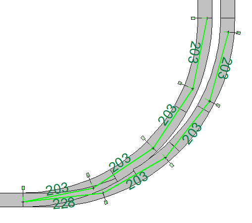 Bovenleiding boven een R3-bocht van 90° met een meegebogen wissel.png