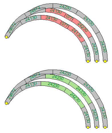 Een voorbeeld hoe een rechte rails 077 tussen twee bochten vermeden kan worden door iets ruimere bochten te gebruiken.png