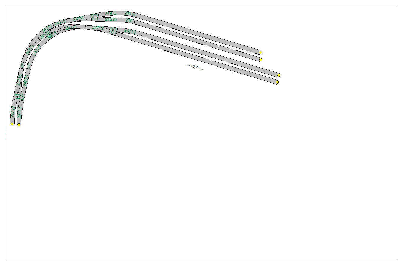 Een wisselstraat tussen dubbelspoor en een 4-sporig diagonaal station met alvast 160 cm voor elk stationsspoor.png