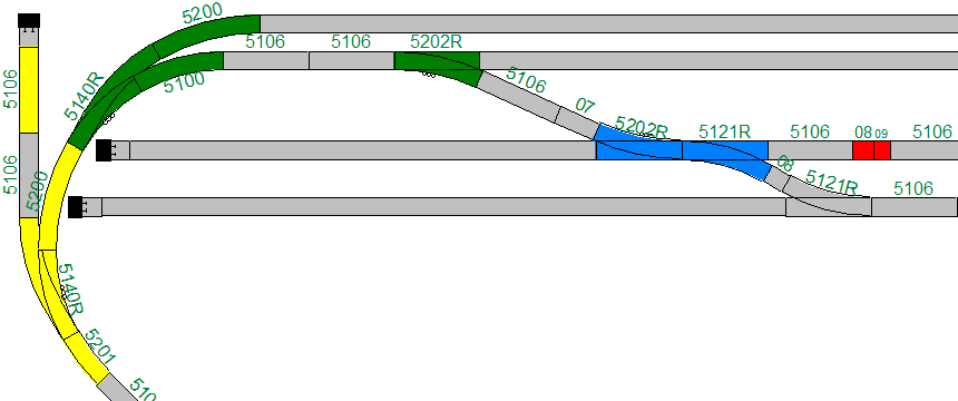 Het korte zijspoortje links binnen de grenzen gebracht (geel), de driewegwissel vervangen door twee losse wissels (groen) en het ontbrekende stukje ingevuld (rood).png