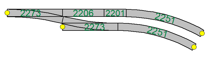 Aansluiting van twee sporen met slanke wissels en een parallelafstand van 57 mm op een dubbelspoors bocht met parallelafstand van 64 mm.png